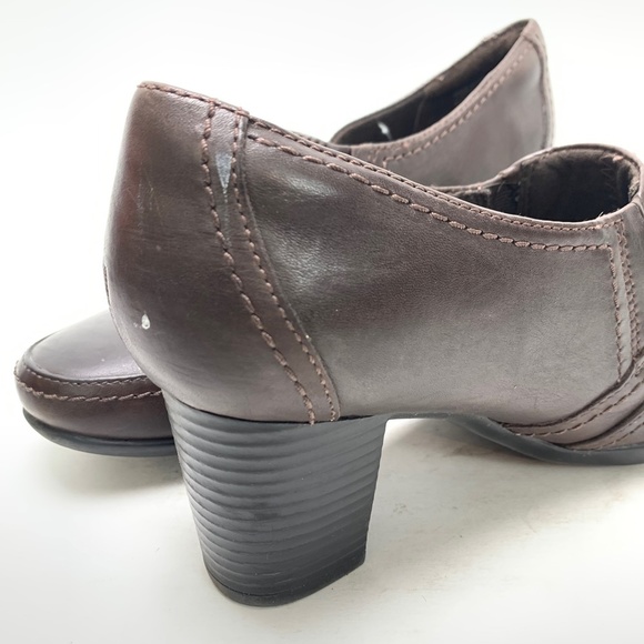 CLARKS Chocolate Brown Chunky Block High Heels Clogs Booties Leather Shoes 9 W - Picture 15 of 16